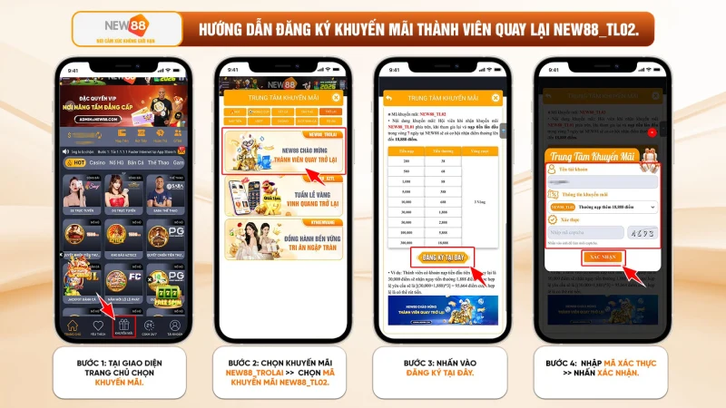 Khuyến mãi New88 cho hội viên quay trở lại mới nhất 2026 Khuyến mãi áp dụng với tài khoản có từ 5 lần nạp tiền trở lên và có cấp VIP 1 trở lên